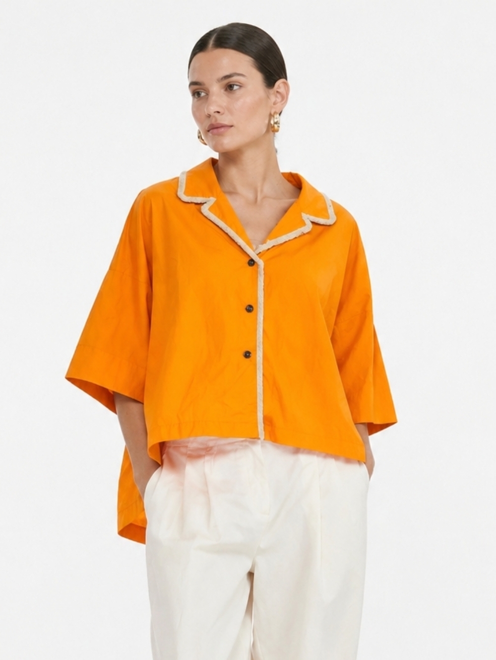 Odeeh Oversized Cotton Button Blouse | Boho Luxe Orange High-Low Top XS
